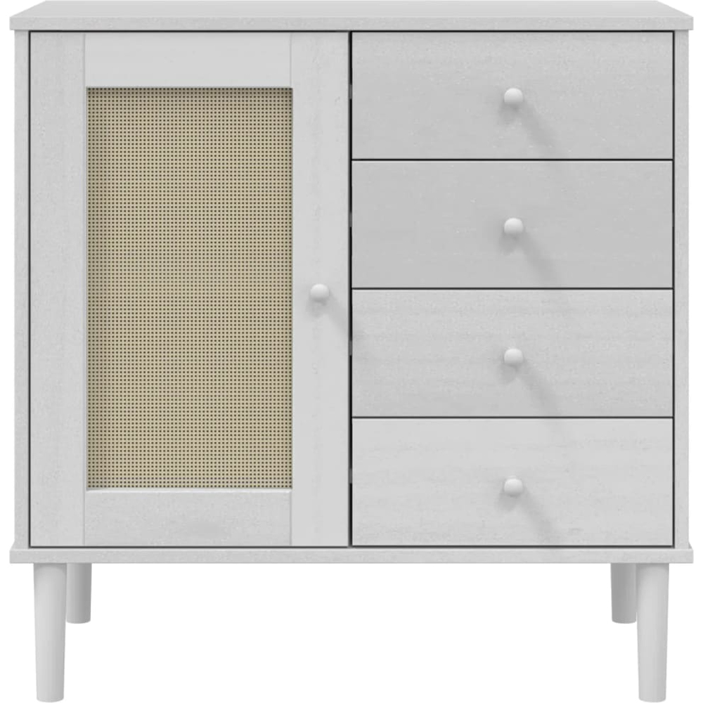 vidaXL Senja Single Door 4 Drawer White Solid Pine Wood Rattan Look Sideboard Image 3