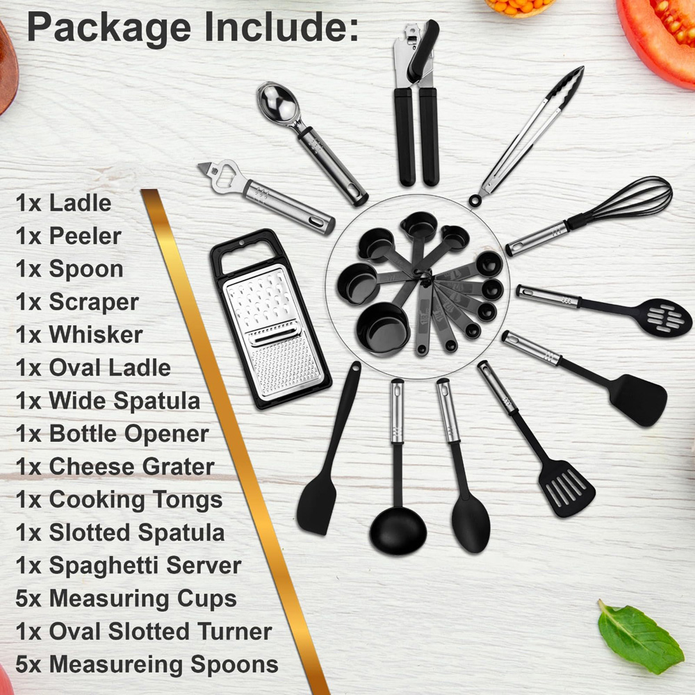 ATEK 24 Piece Black Silicone Kitchen Cooking Utensil Set with Stainless Steel Handle Image 7