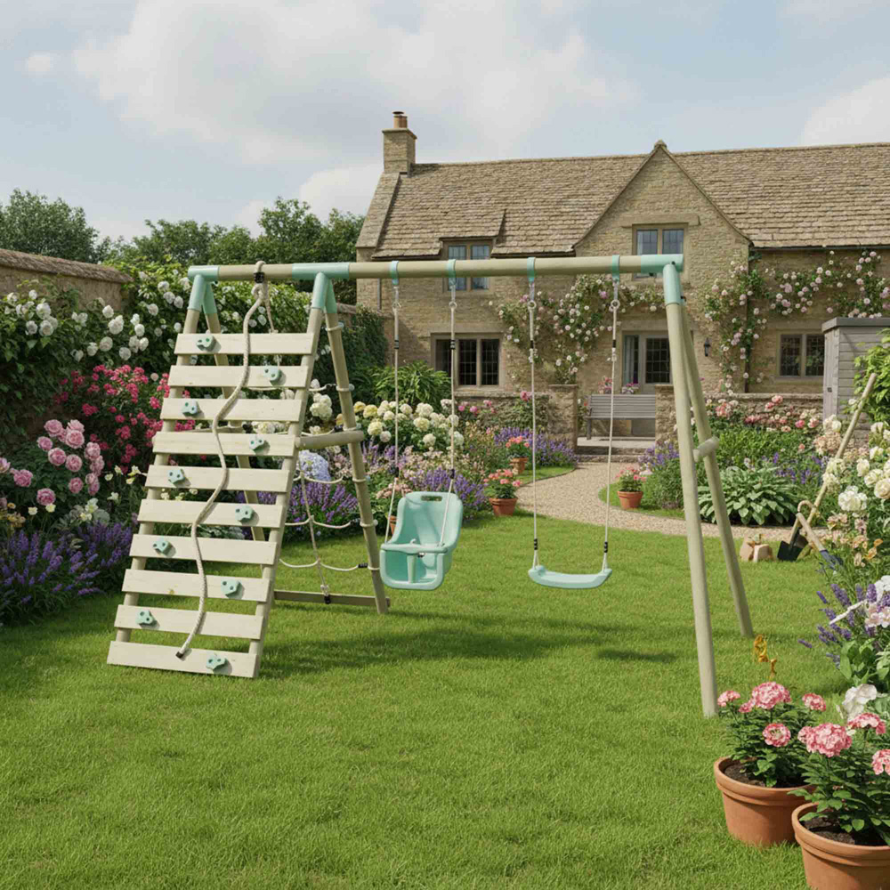 Mercia Wooden Round Pole Single Swing and Baby Seat Swing Set with Climbing Wall Image 2