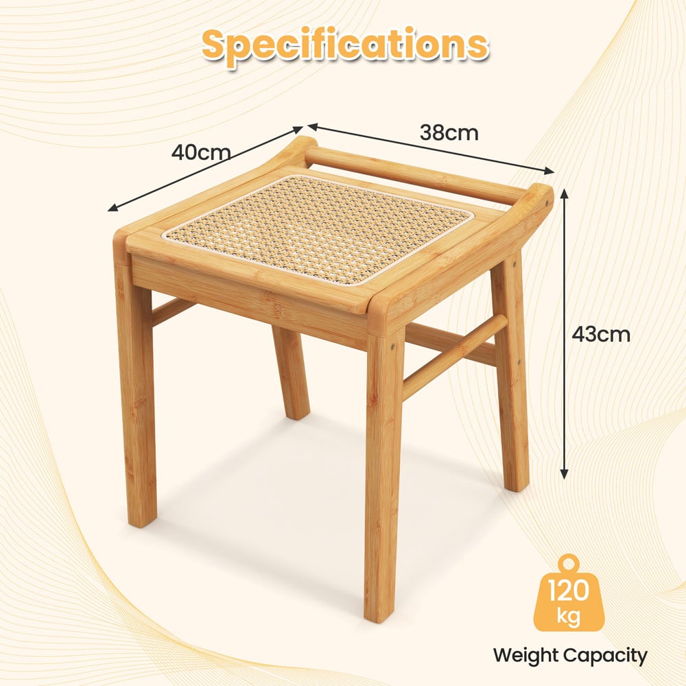 Costway Natural Rattan Top Bamboo Vanity Stool with Anti-slip Foot Pads Image 7