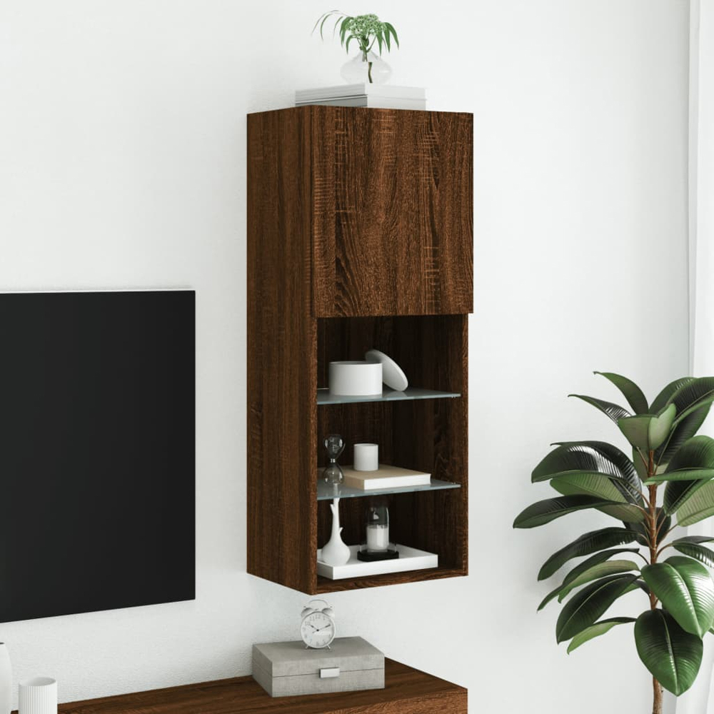 vidaXL Single Door 3 Shelf Brown Oak LED Wall Mounted TV Cabinet Image 4