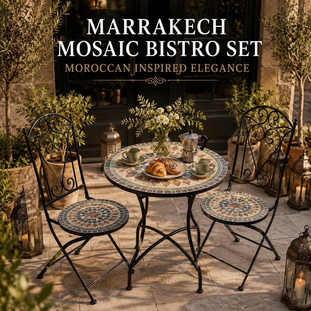 Shatchi Marrakech 2 Seater Mosaic Ceramic Tile Top Foldable Bistro Set Image 6