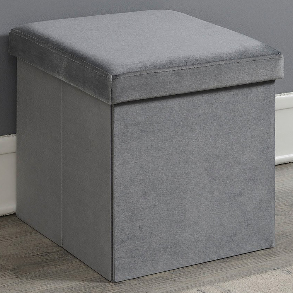 Grey Brushed Velvet Cube Ottoman Storage Box Image 1