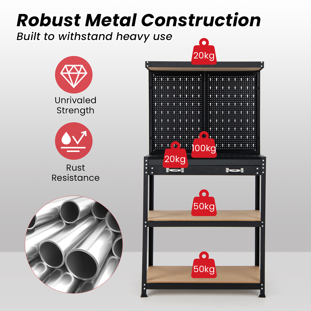 Costway Single Drawer 3 Shelf Red Tool Storage Workbench with Pegboard Image 7