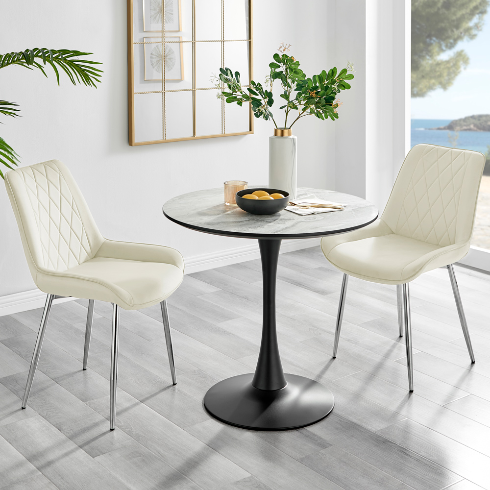 Furniturebox Elissa Cesano Marble Effect 2 Seater Round Dining Set White Cream and Chrome Image 1