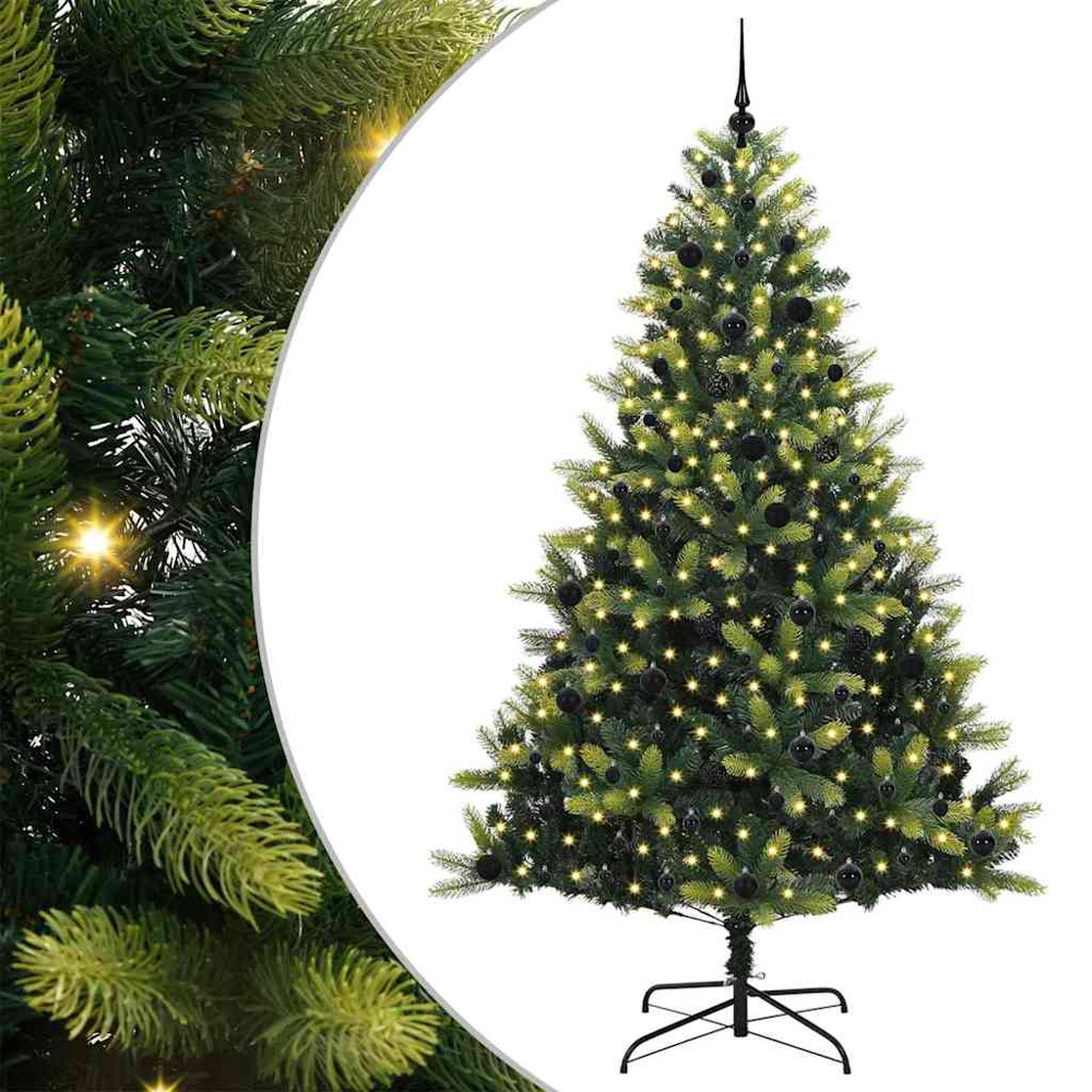 vidaXL Pre-Lit Black Baubles Green Artificial Hinged Christmas Tree 8ft Image 2