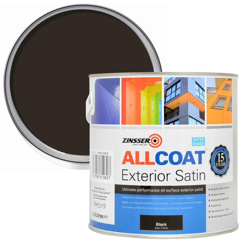 Zinsser Allcoat Black Water Based Exterior Satin Paint 2.5L Image 1