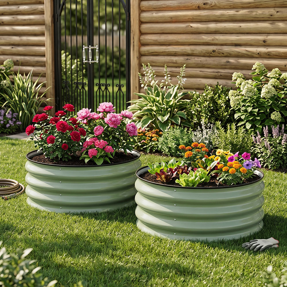 Living and Home Green Round Metal Raised Garden Bed with Open Bottom 60 x 30cm 2 Pack Image 3