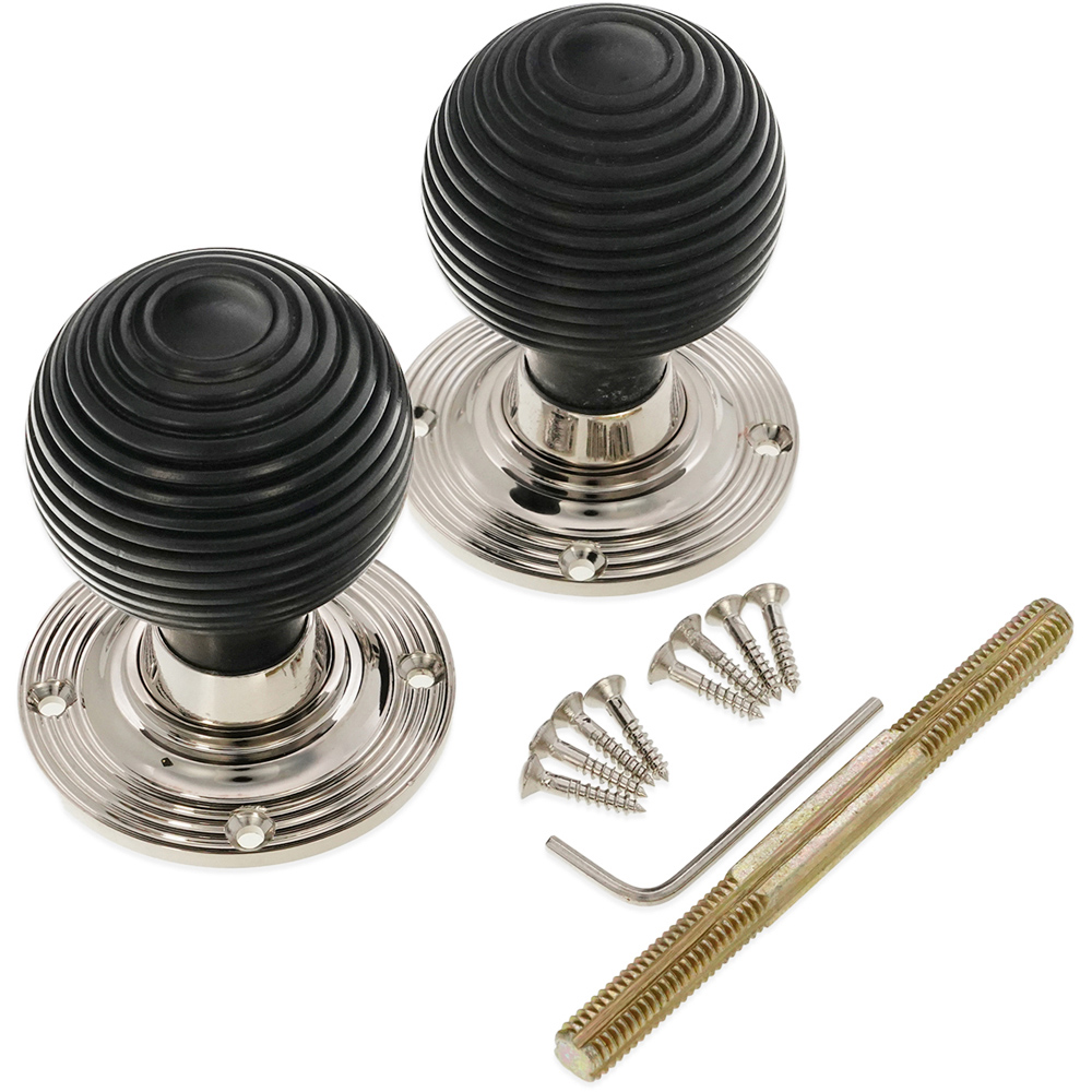 Spira Brass Polished Nickel Ebony Beehive Rim and Mortice Door Knob 2 Pack Image 4