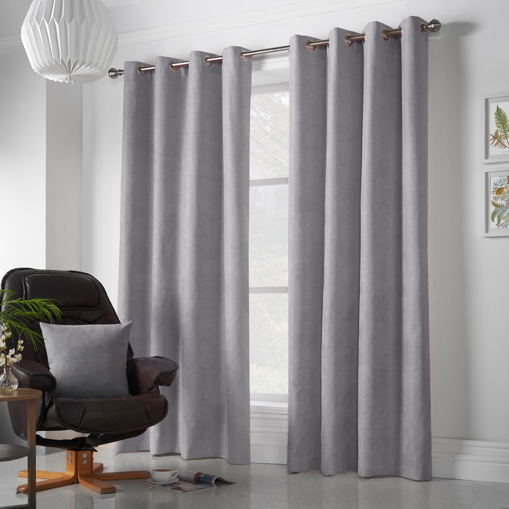 Alan Symonds Silver Velvet Chenille Ring Top Eyelet Curtains 142 x 183cm Image 4