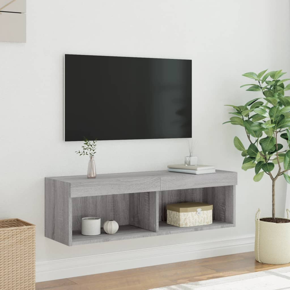 vidaXL 2 Shelf Grey Sonoma Wall Mounted TV Cabinet with LED Lights Image 6