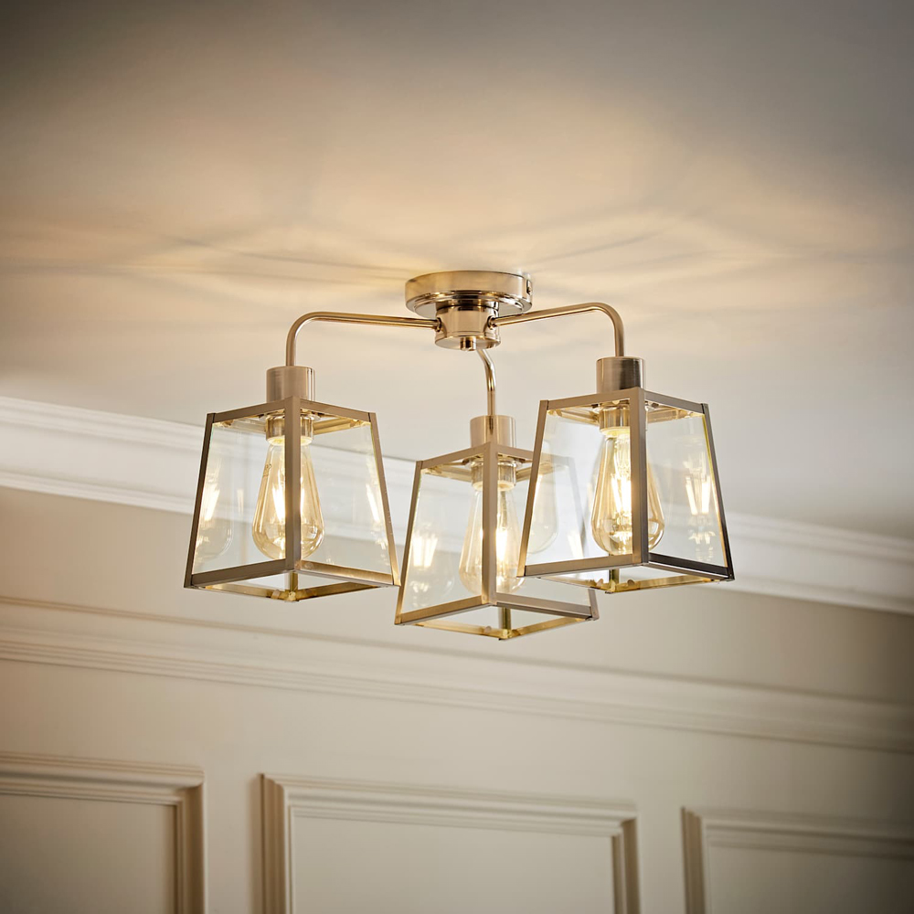 ValueLights Susie 3 Arm Lantern Shade Brushed Chrome Glass Ceiling Light with Bulb Image 6