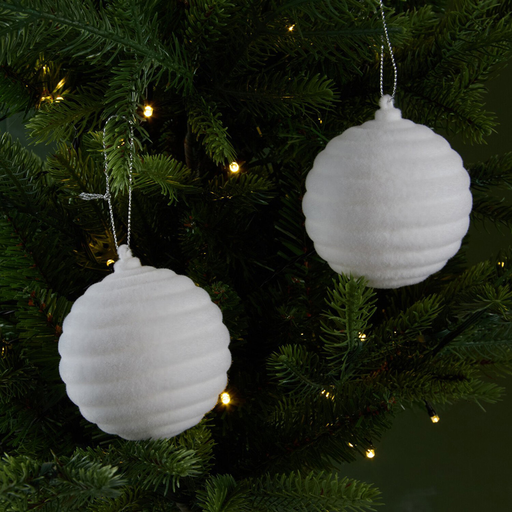 Set of 2 Round Flocked BaublesWhite Image 2