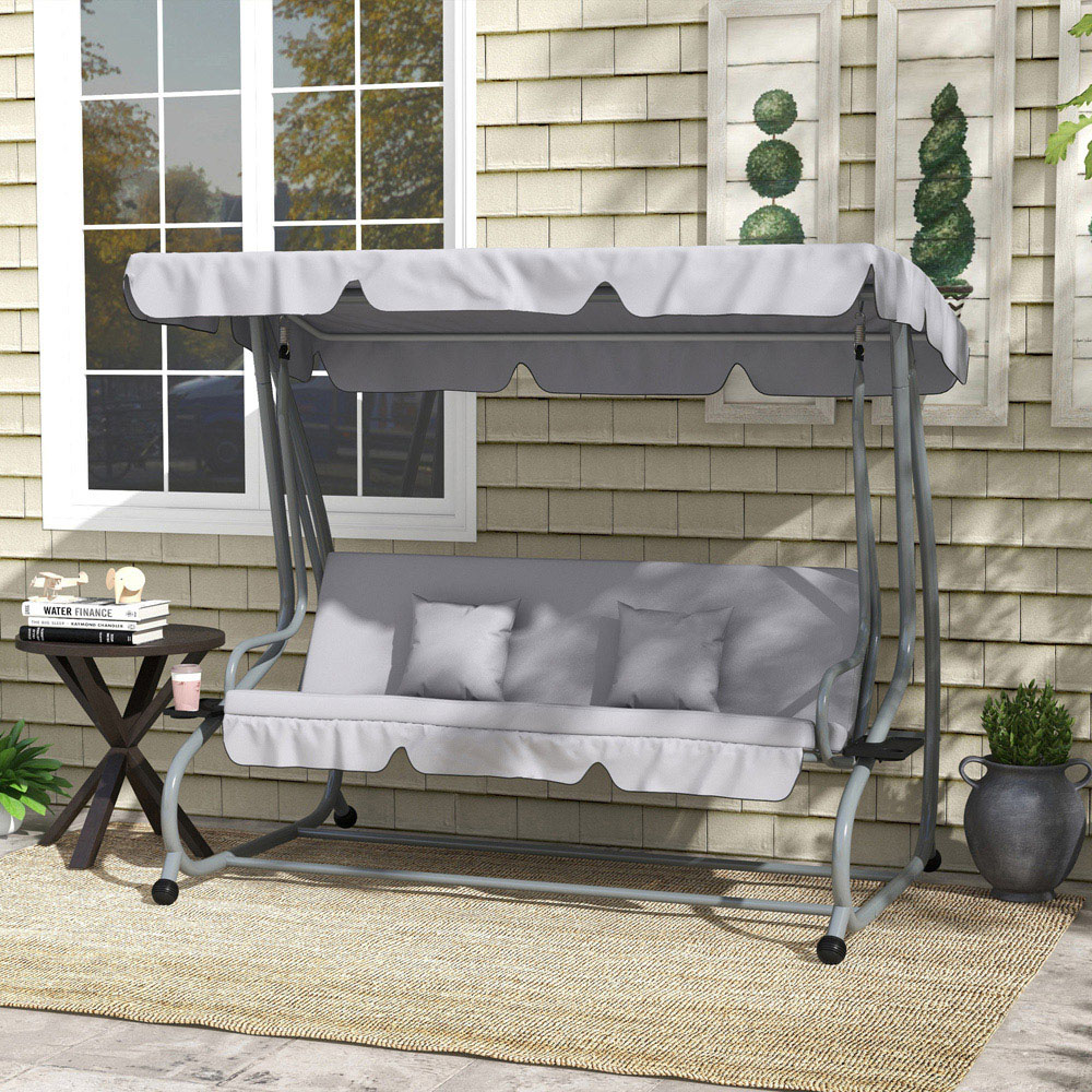 Outsunny 3 Seater Grey Garden Swing Chair with Adjustable Canopy Image 4