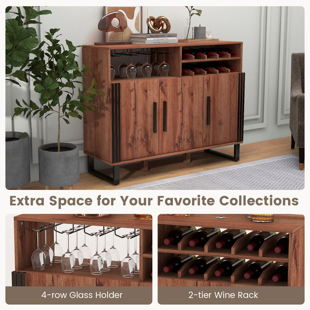 Costway 3 Door 10 Bottle Rustic Brown Home Wine Bar Cabinet with Glass Holder Image 8