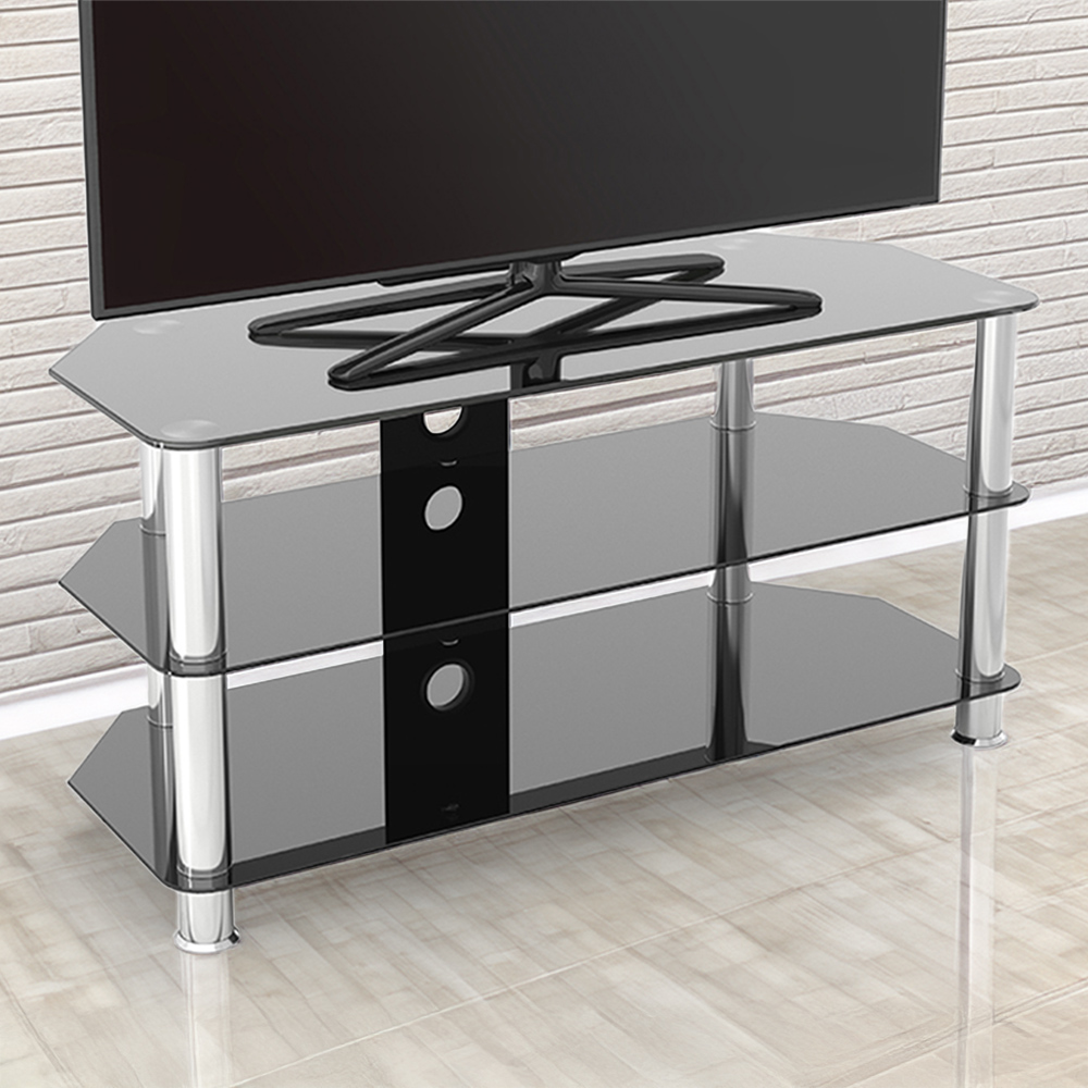 AVF Classic 3 Shelf Black Glass and Chrome Corner TV Stand Image 1
