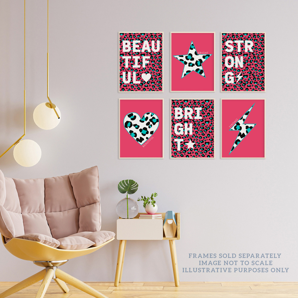 Wee Blue Coo Pink and Turquoise Leopard Pattern Bold Shapes Wall Art Print 30 x 41cm 6 Pack Image 3