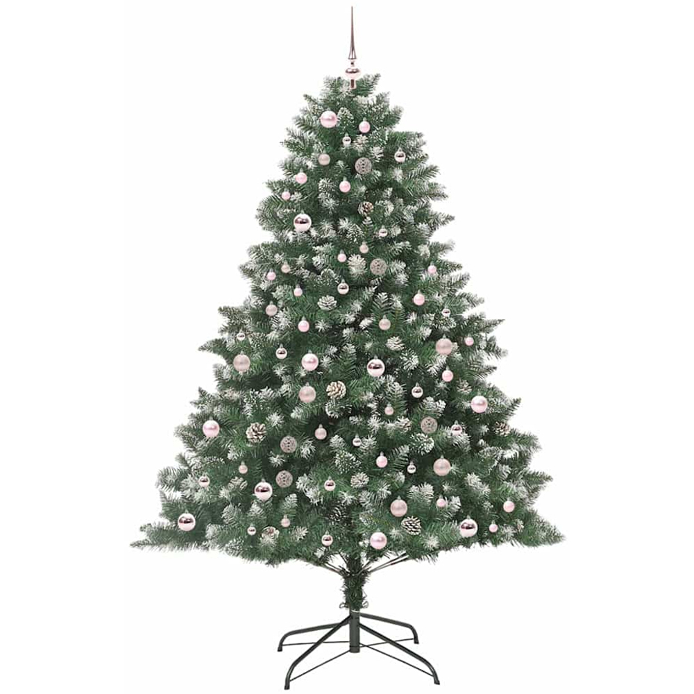 vidaXL Pre-Lit Pink Baubles Green Artificial Snow Tipped Christmas Tree 7ft Image 4
