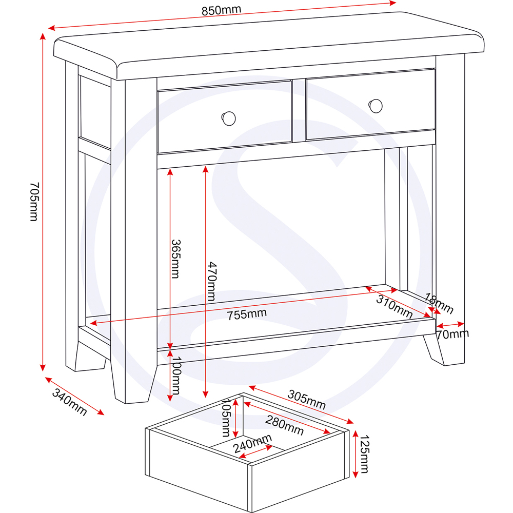 Seconique Windsor 2 Drawer Natural Oak Console Table Image 9