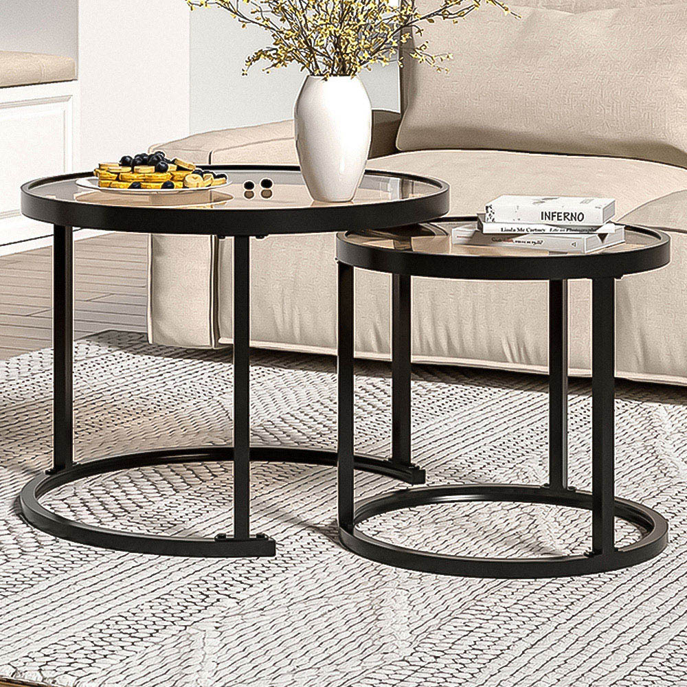 Living and Home Round Black Glass Nesting Tables Set of 2 Image 1