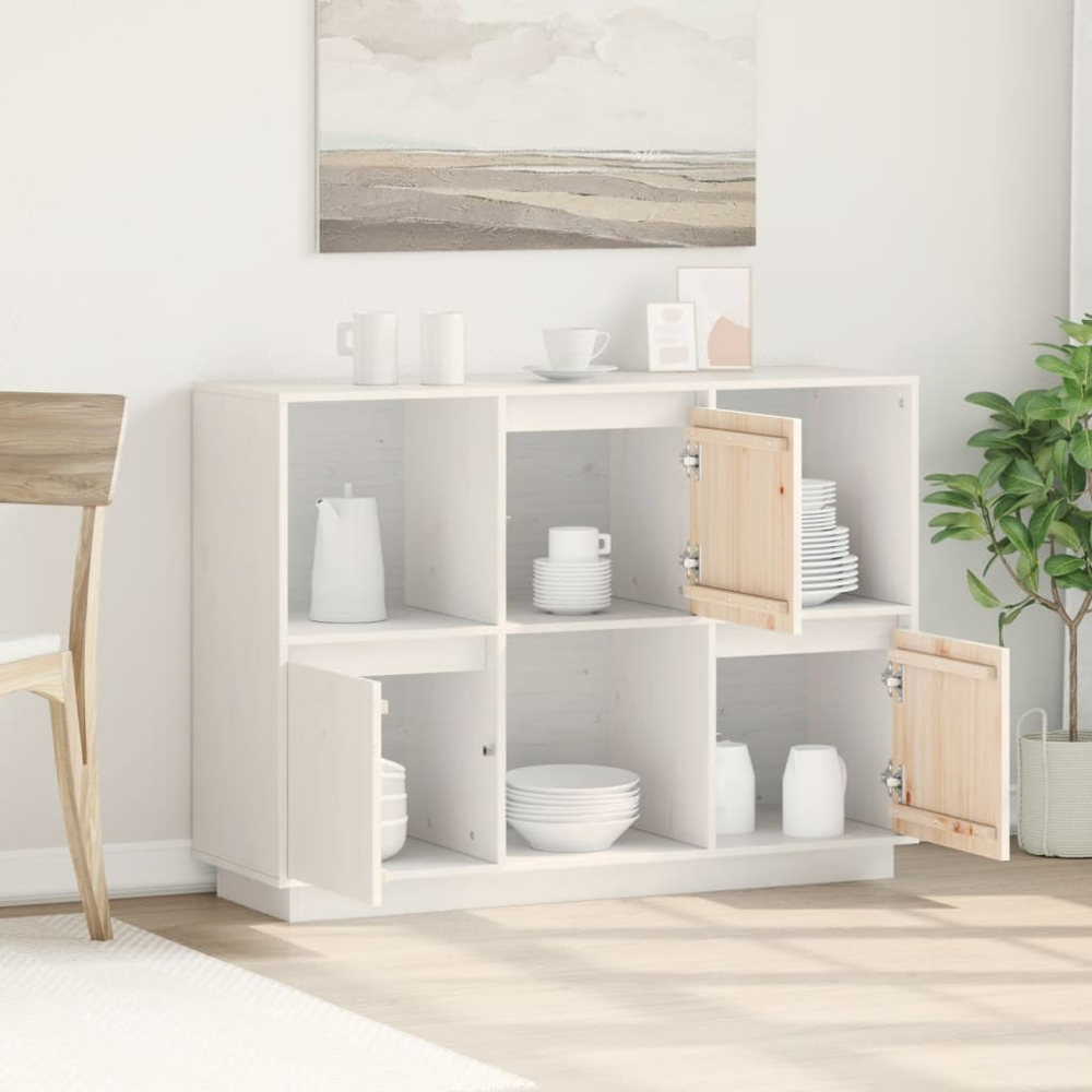 vidaXL 3 Door 3 Shelf White Solid Pine Wood Sideboard Image 3