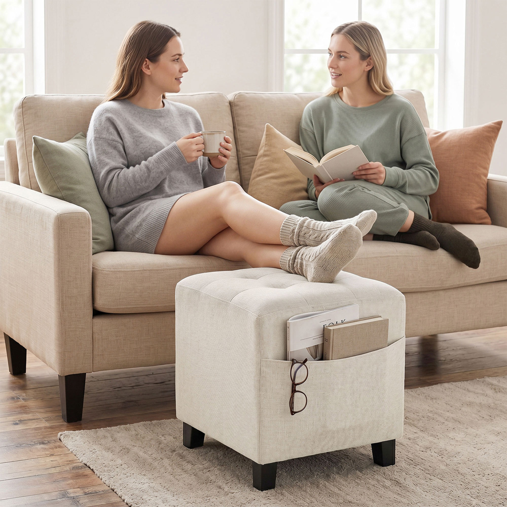 HOMCOM Beige Small Ottoman Pouffe Stool with Side Pocket Image 8