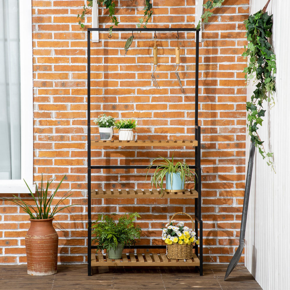 Outsunny 3-Tier Wood and Metal Plant Stand with Top Hooks Image 4