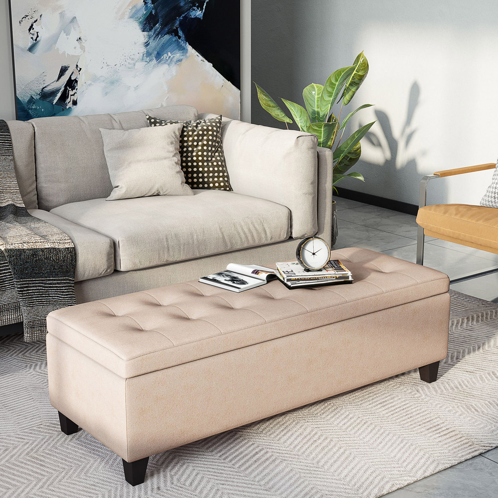HOMCOM Beige Linen Tufted Bed End Ottoman Bench Image 4
