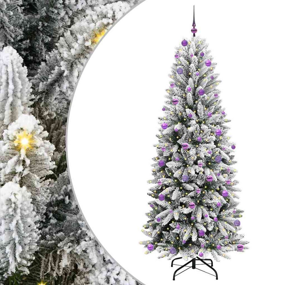 vidaXL Pre-Lit Lilac Baubles Artificial Snow Flocked Christmas Tree 8ft Image 2