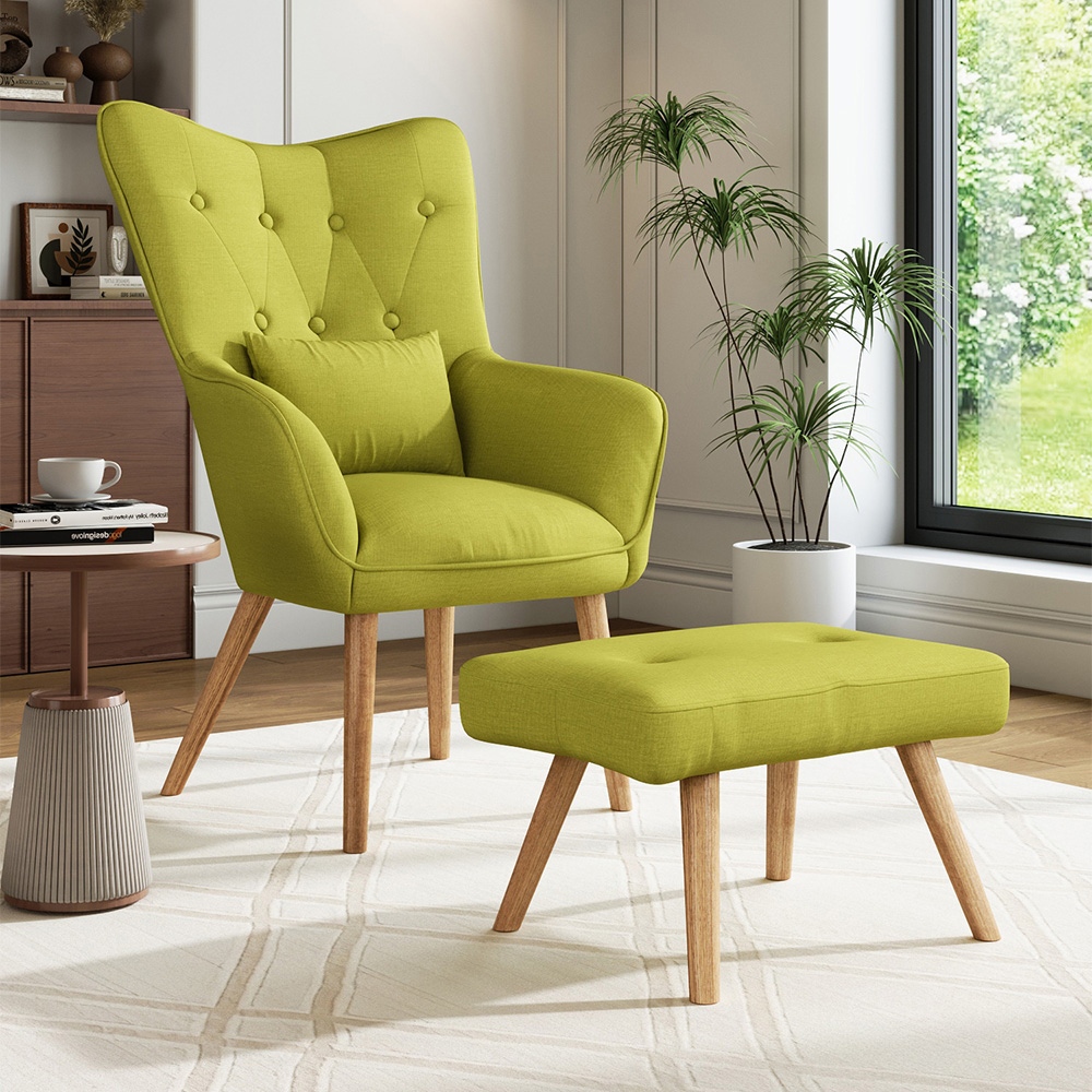 Living and Home Green Classic Linen Armchair with Cushion and Footstool Image 5