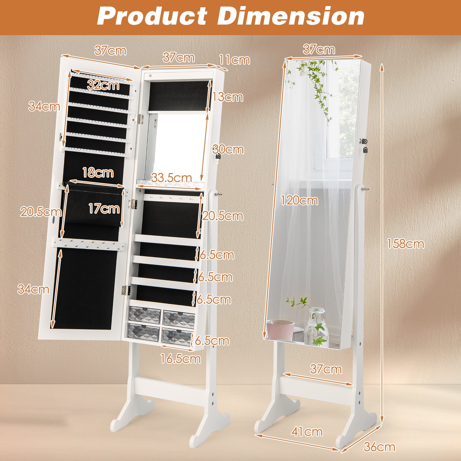 Costway 4 Drawer White Lockable Mirrored LED Jewellery Cabinet Image 9