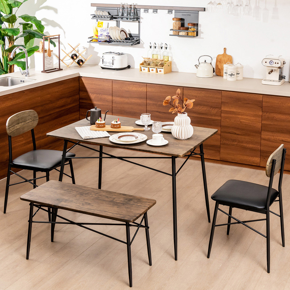 Costway 4 Seater Faux Leather Dining Set with Bench Rustic Brown Image 1