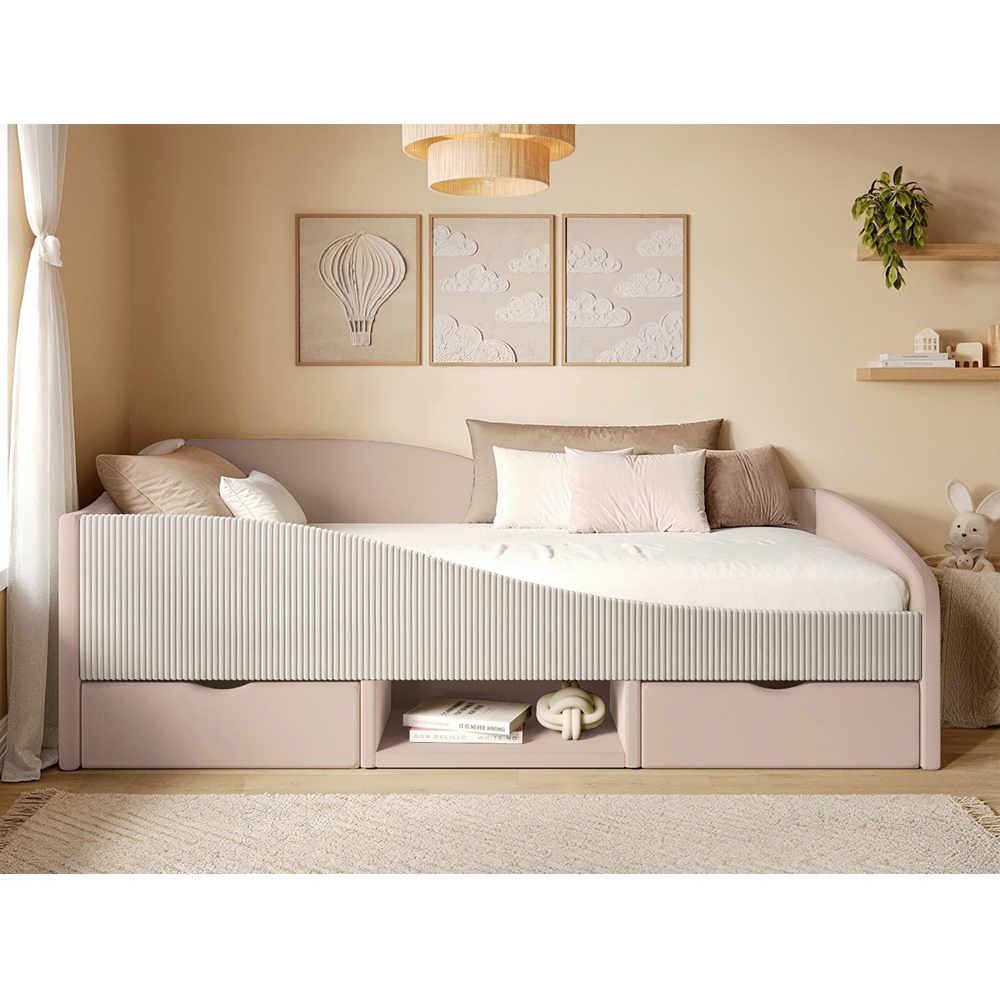 Flair Aubrey Pink Velvet Storage Low Sleeper Bed with Beige Cord Image 5