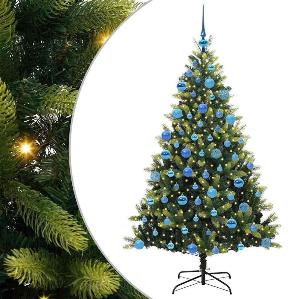 vidaXL Pre-Lit Blue Baubles Green Artificial Hinged Christmas Tree 6ft Image 2