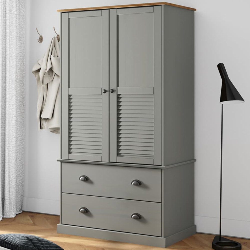 vidaXL Vigo 2 Door 2 Drawer Grey Solid Wood Pine Wardrobe Image 1