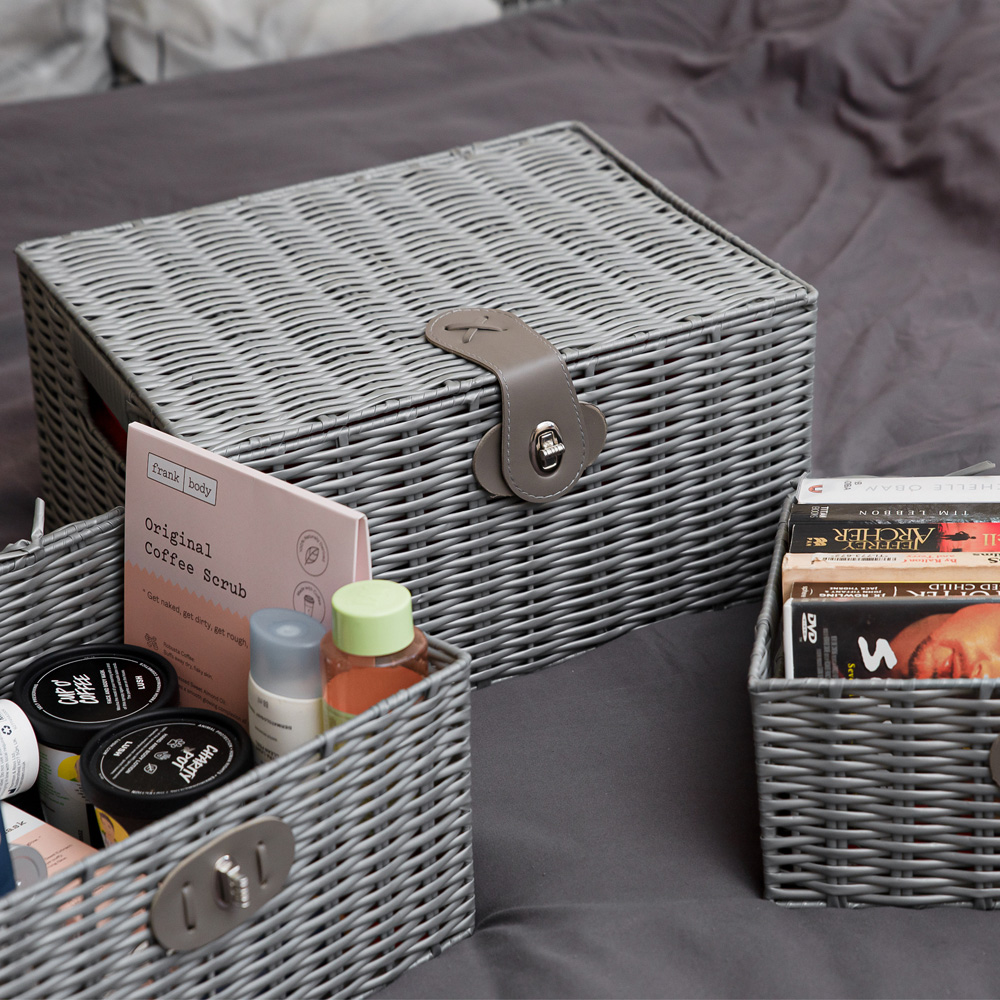 Innoteck Essentials Grey Wicker Woven Storage Basket with Lid 3 Pack Image 5