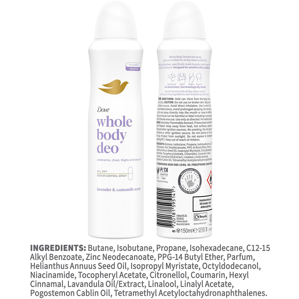 Dove Whole Body Lavender and Camomile Odour Protection Deodorant Spray 150ml 6 Pack Image 9
