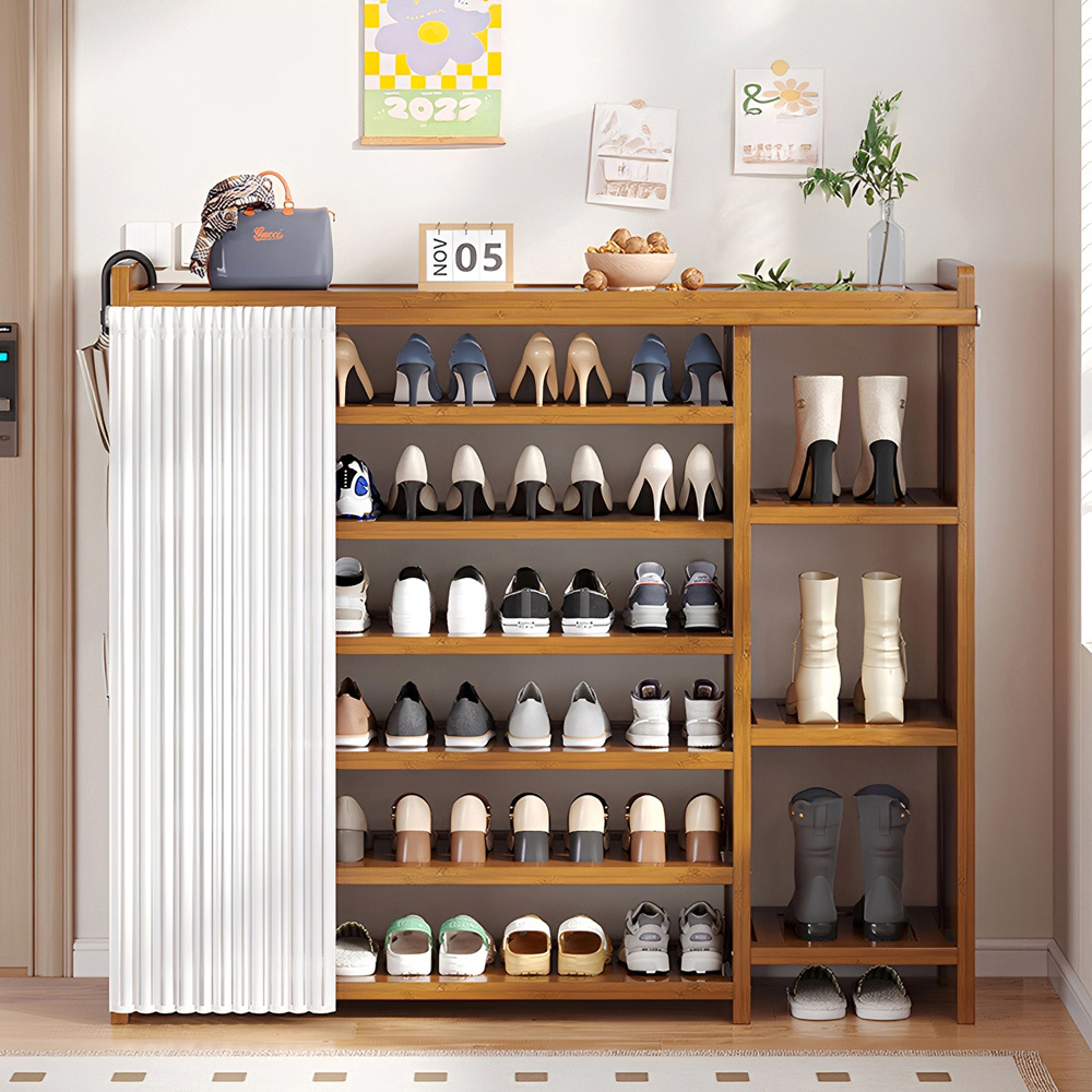 Living and Home 9 Shelf Natural Bamboo Shoe Rack with Dust Cover Image 2