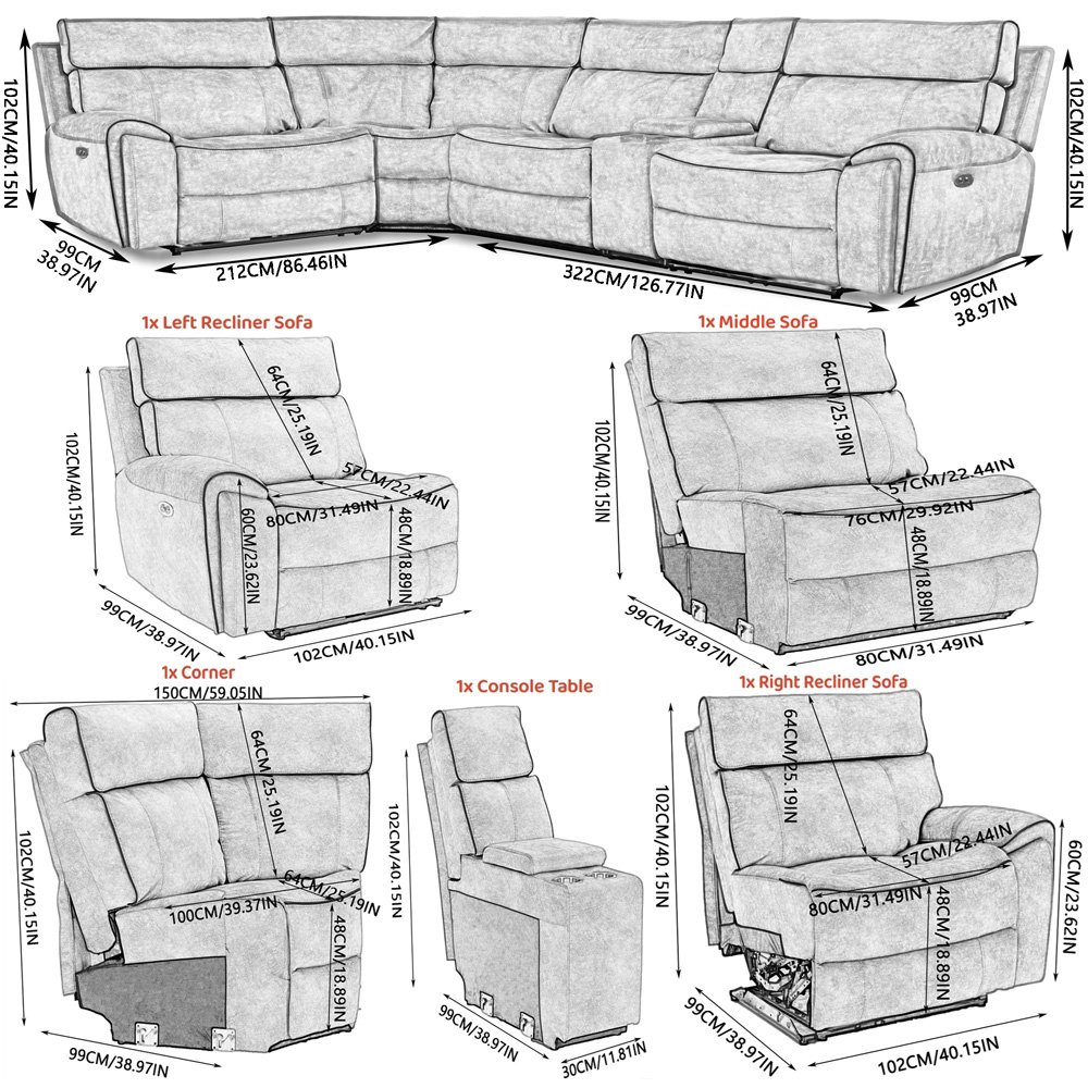 Furniture One 4 Seater Light Grey Power Corner Recliner Sofa Set with Cup Holders Image 9