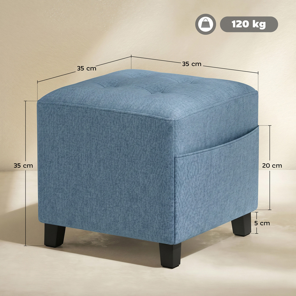 HOMCOM Dark Blue Small Ottoman Pouffe Stool with Side Pocket Image 9