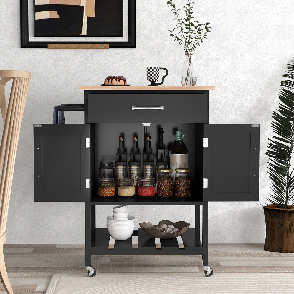 Costway Black 2 Door Single Drawer Rolling Kitchen Island Cart Image 5