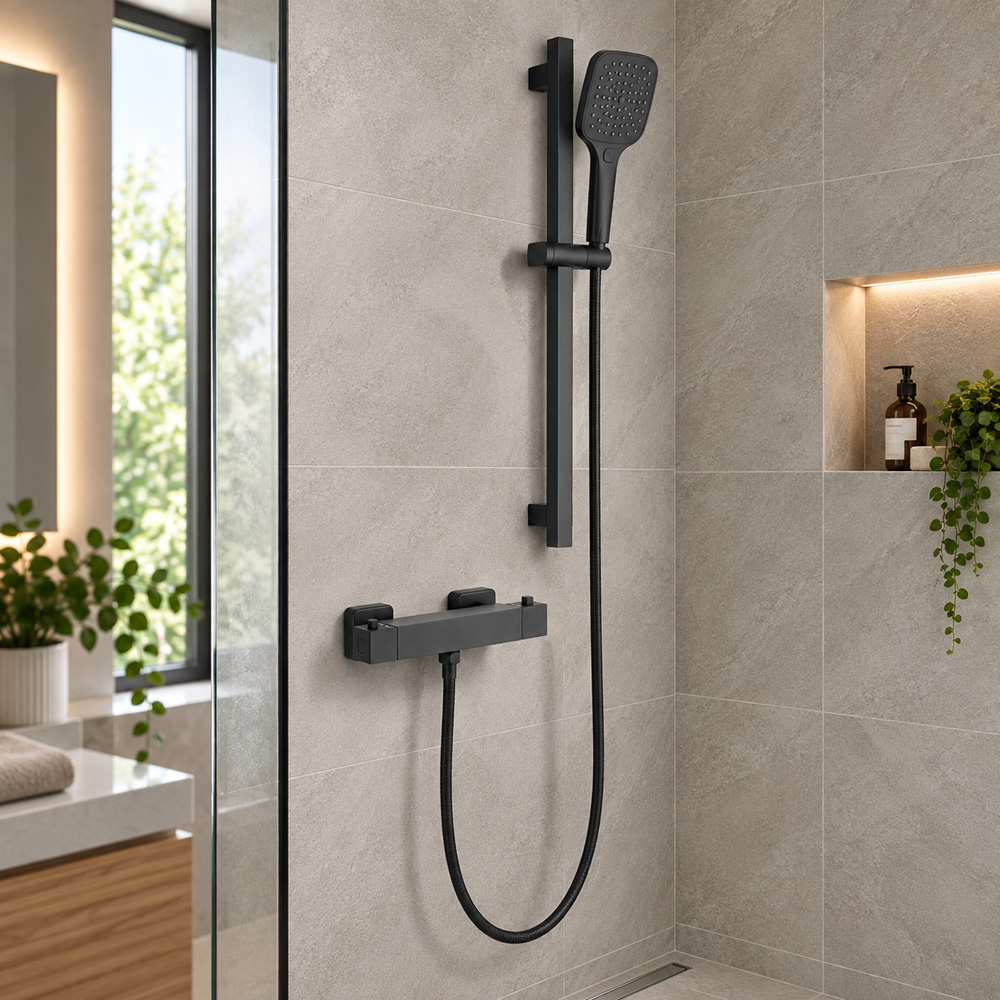 Go Bathrooms AquaFlow Black Round Thermostatic Bar Shower Kit Image 2