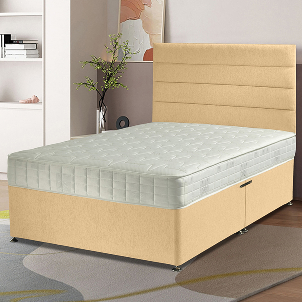 Eleganza Home Dozer Single Beige Plush Velvet Divan Bed with Lined Headboard Image 1
