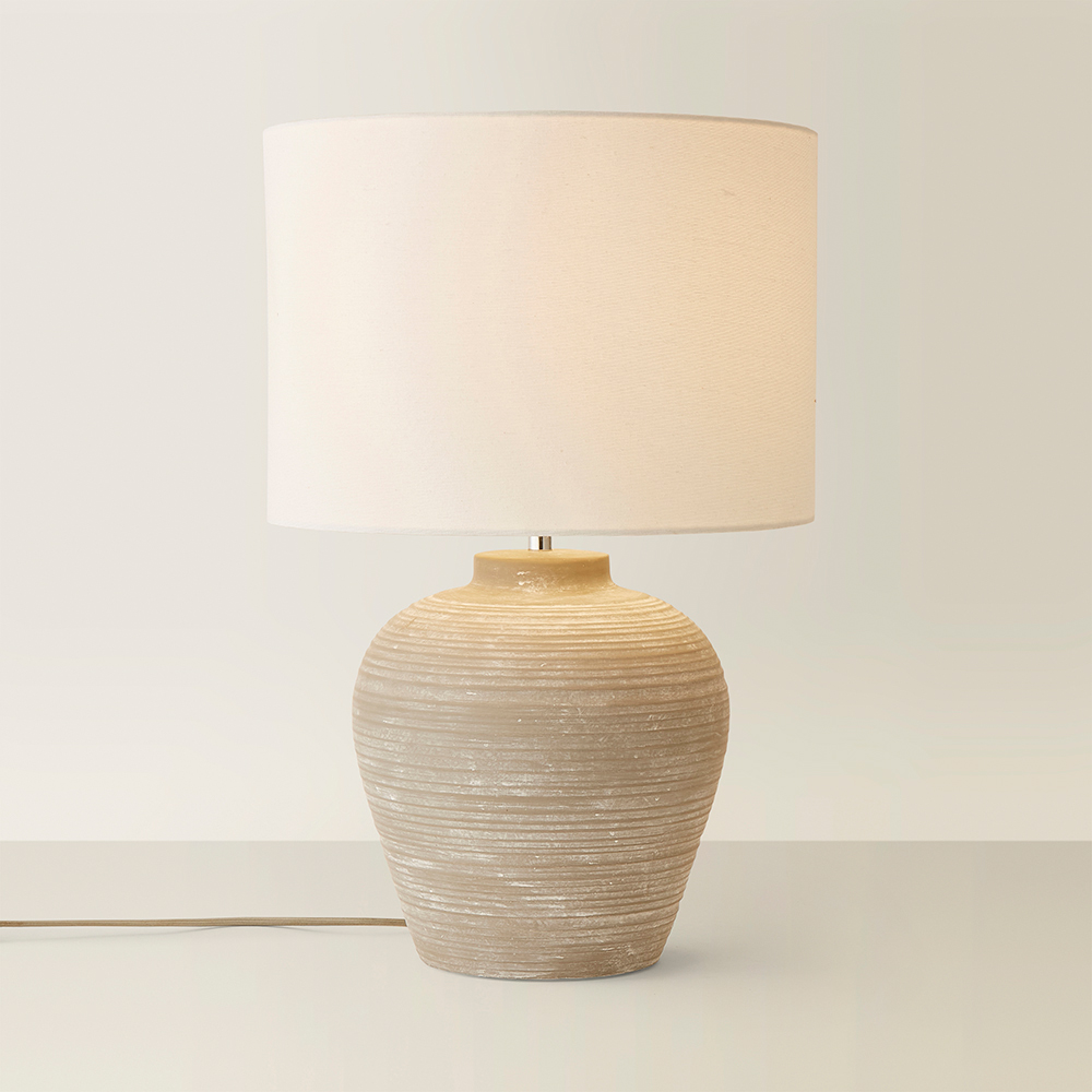 ValueLights Reid Linen Drum Lamp Shade Stone Grey Ribbed Ceramic Large LED Table Lamp Image 5