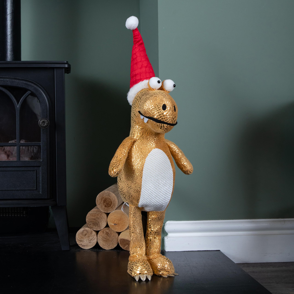 Samuel Alexander Standing Gold Plush Tyrone-Rex Dino with Santa Hat Christmas Decoration 45cm Image 2