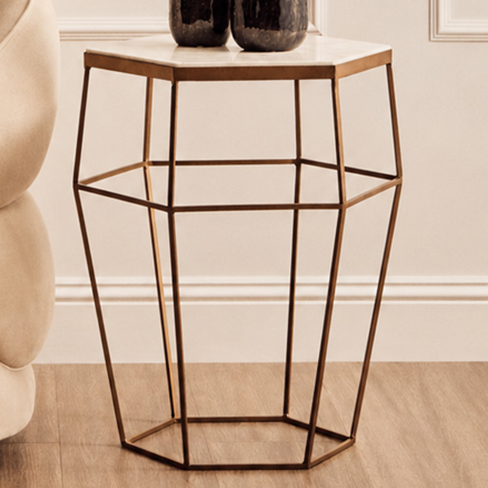 Premier Housewares Shalimar Gold Finish Hexagonal Side Table with Marble Top Image 1