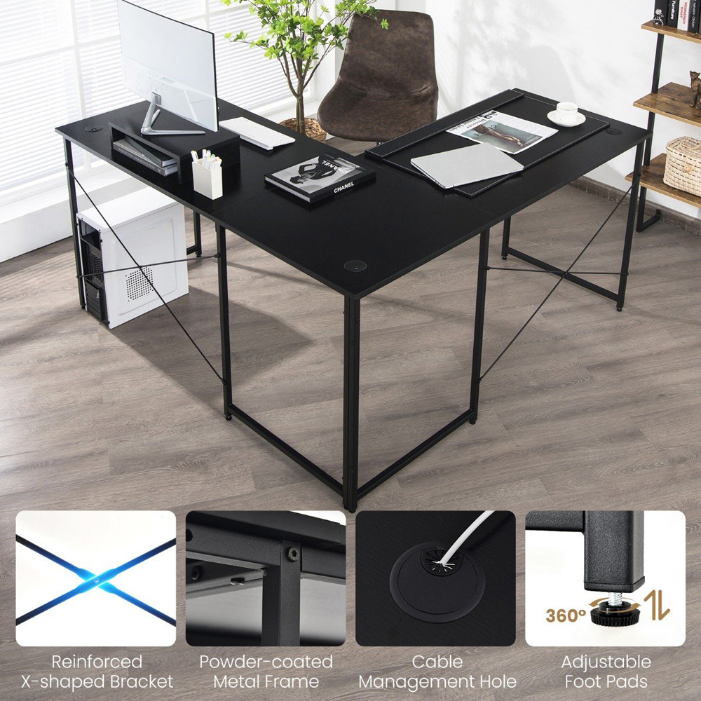 Costway Black Reversible Corner Study Workstation with Monitor Stand Image 3
