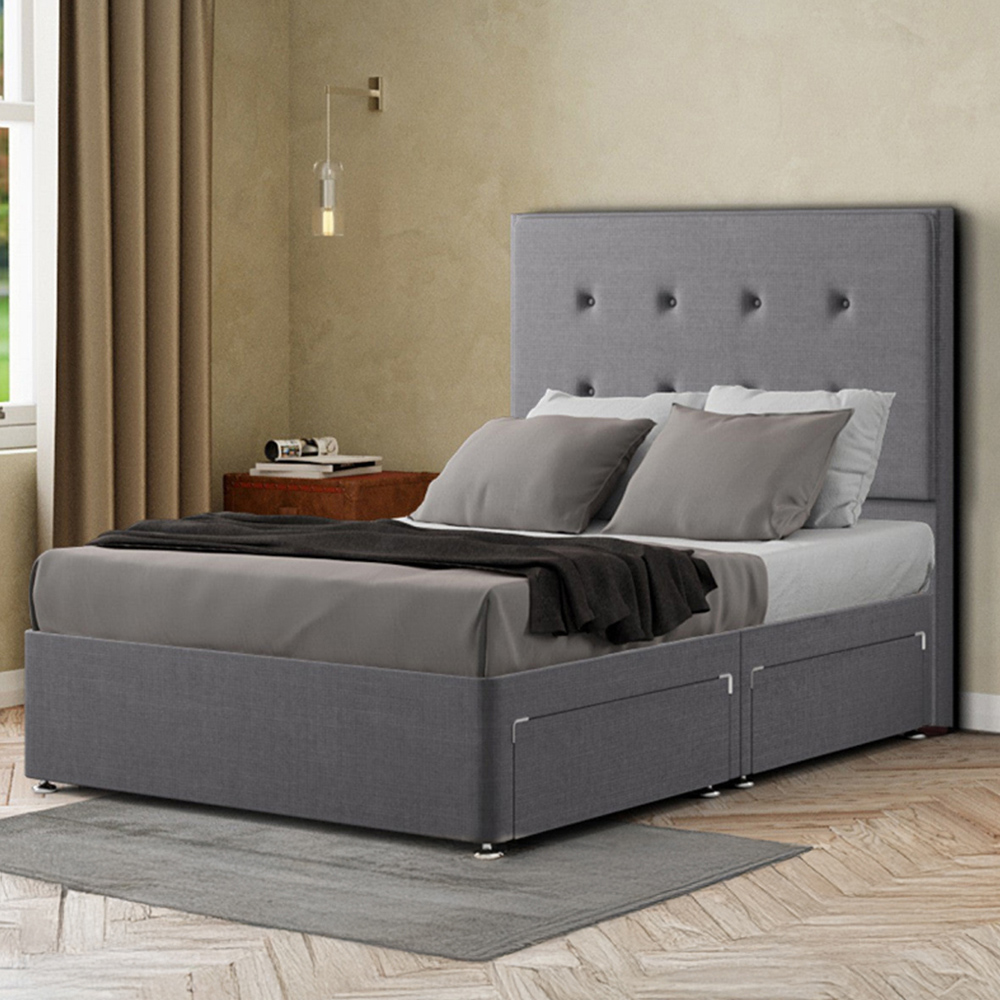 Portland Darlington Small Double Grey Linen Divan Bed with 2 Drawers and Headboard Image 1