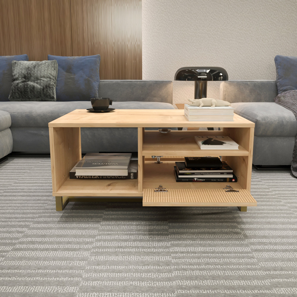 Decorotika Utopie 2 Door 2 Shelf Oak and Rattan Modern Coffee Table Image 6