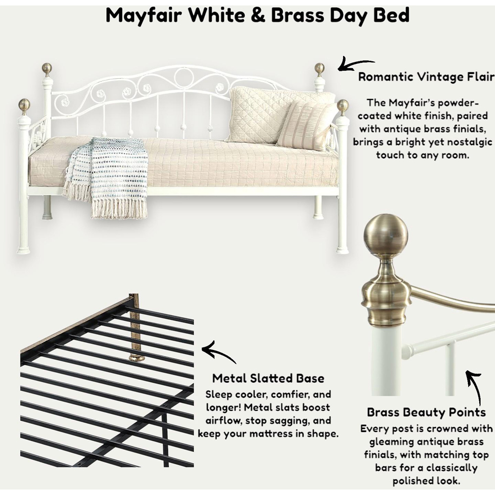 OAT Home Mayfair Single White and Brass Metal Day Bed Image 7